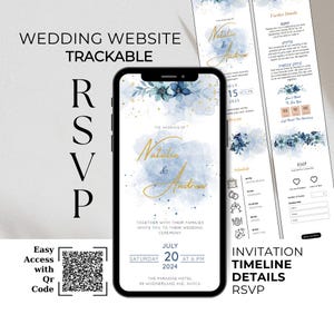 Page de réponse en ligne avec suivi du site Web du mariage, invitation florale bleu roi sur le Web avec programme du mariage, chronologie et détails, accès facile avec code QR
