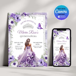 Lilac Floral Silver Quinceanera Invitation, Lavender Purple Princess Quinceanera Editable Invitation Template, Sweet 16 Quince Invitations