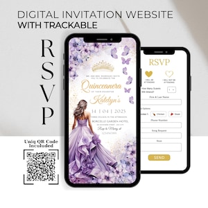 Quinceanera Website Template & Online Antwortkartenmuster, Lavendel und Gold Einladung, Prinzessin Quitte Einladung, Flieder Floral Sweet 16 Einladung mit QR Code