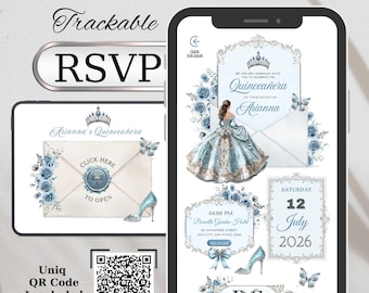May include: Digital website invitation for a Quinceañera, featuring a light blue and gold color scheme. The design includes floral accents, butterflies, and a QR code. The invitation displays the RSVP information and event details.