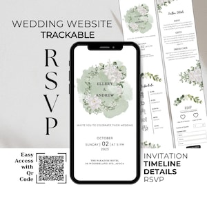 Puede incluir: Una invitación de boda con un diseño floral verde y blanco. La invitación presenta los nombres "Ellery & Andrew" y la fecha "02 de octubre de 2023". La invitación también incluye la hora y la ubicación de la boda.