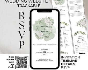 Wedding Website & Online Trackable RSVP Page, Sage Green Floral Invite with wedding program Timeline and Details, Easy Access with Qr Code