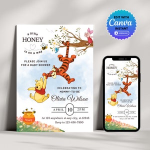 Winnie The Pooh Baby Shower Invitation, Classic Winnie Pooh Editable Invitation,  Pooh Bear Baby Shower Invite, Pooh Baby Party