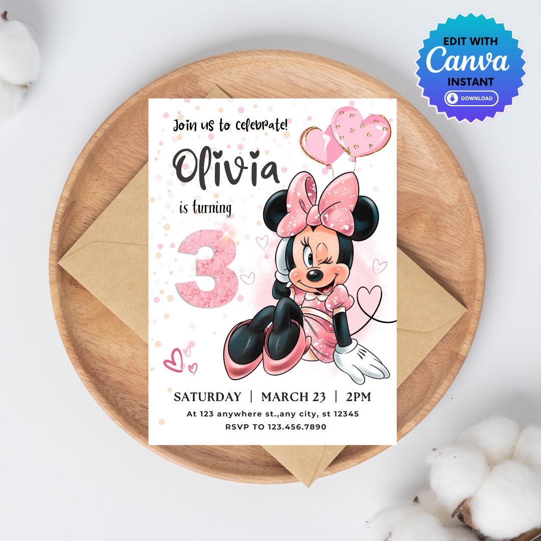 Minnie Mouse 3rd Birthday Invitation Editable Template (digital