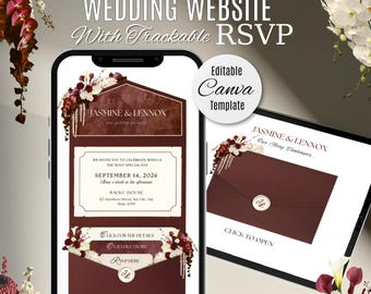 Burgundy Envelope Floral Wedding Website Invitation with RSVP: Editable Canva Template