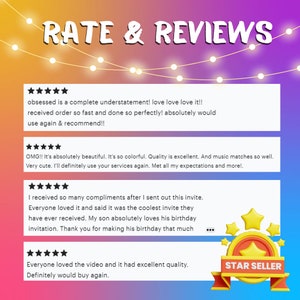 Pu&ograve; includere: Una grafica digitale con le parole "RATE & REVIEWS" in alto. Sotto, testimonianze dei clienti con valutazioni a stelle. Un badge "STAR SELLER" si trova nell'angolo in basso a destra. Lo sfondo ha una sfumatura di viola, arancione e giallo.