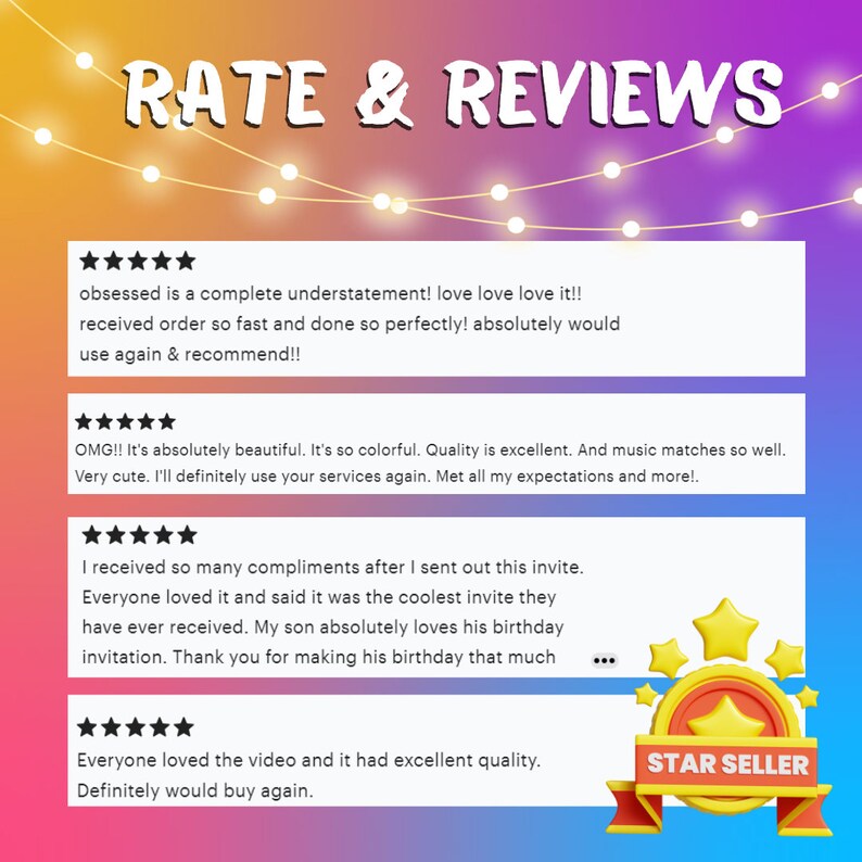 Pu&ograve; includere: Una grafica digitale con le parole "RATE & REVIEWS" in alto. Sotto, testimonianze dei clienti con valutazioni a stelle. Un badge "STAR SELLER" si trova nell'angolo in basso a destra. Lo sfondo ha una sfumatura di viola, arancione e giallo.