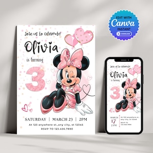 Invitation 3e anniversaire Minnie Mouse, Invitation modifiable Minnie Mouse, modèle d'invitation imprimable, modifiable pour tous les âges Minnie Invite