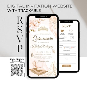Modelo de site Quinceanera e RSVP online, convite de princesa dourada Quince, convite floral Sweet 16 com código QR