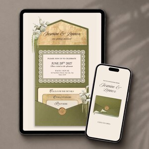 Hochzeitseinladung mit Blumenmuster in Salbeigrün und Gold mit RSVP-Funktion: Bearbeitbare Canva-Vorlage Bild 3