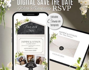 White & Black Floral Wedding Save The Date Website with RSVP: Editable Canva Template