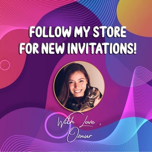 K&ouml;nnte beinhalten: Eine Frau mit einer Katze in den Armen l&auml;chelt in die Kamera. Das Bild hat einen bunten Hintergrund mit dem Text "FOLLOW MY STORE FOR NEW INVITATIONS!" und "With Love, Ozgur".