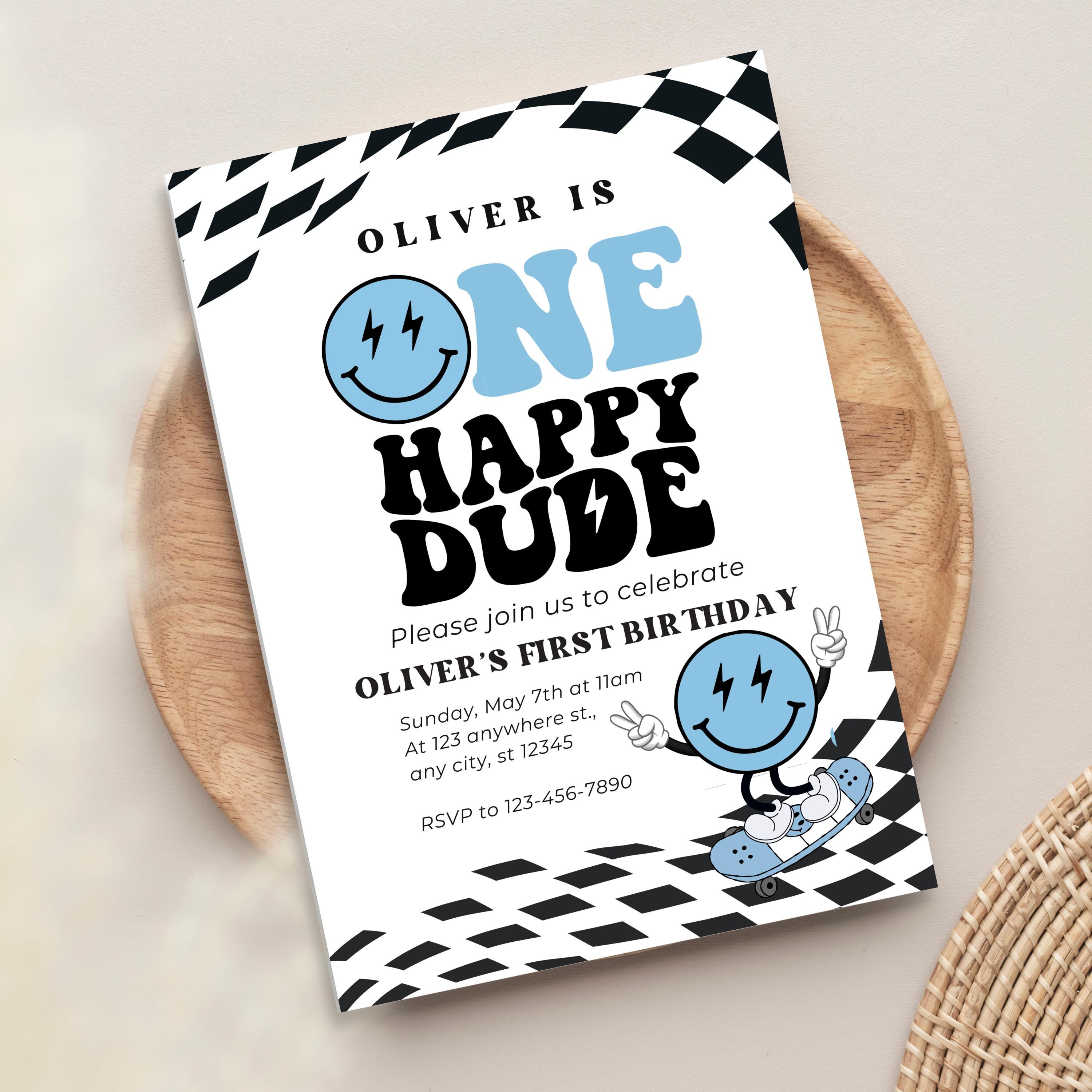 Retro Smiley Face 1st Birthday Invitation: Groovy Blue One Happy Dude ...