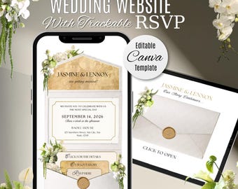 White & Gold Floral Wedding Website Invitation with RSVP: Editable Canva Template
