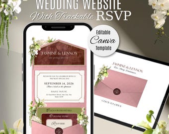 Pink Burgundy & Green Wedding Website Invitation with RSVP: Editable Canva Template