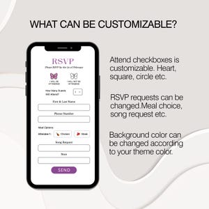 May include: A mobile phone screen displaying a customizable RSVP form with options for attending, meal choices, song requests, and a note section. The form has a pink and white color scheme with butterfly icons. The text on the screen reads "RSVP" and "Please RSVP by the 1st of February".