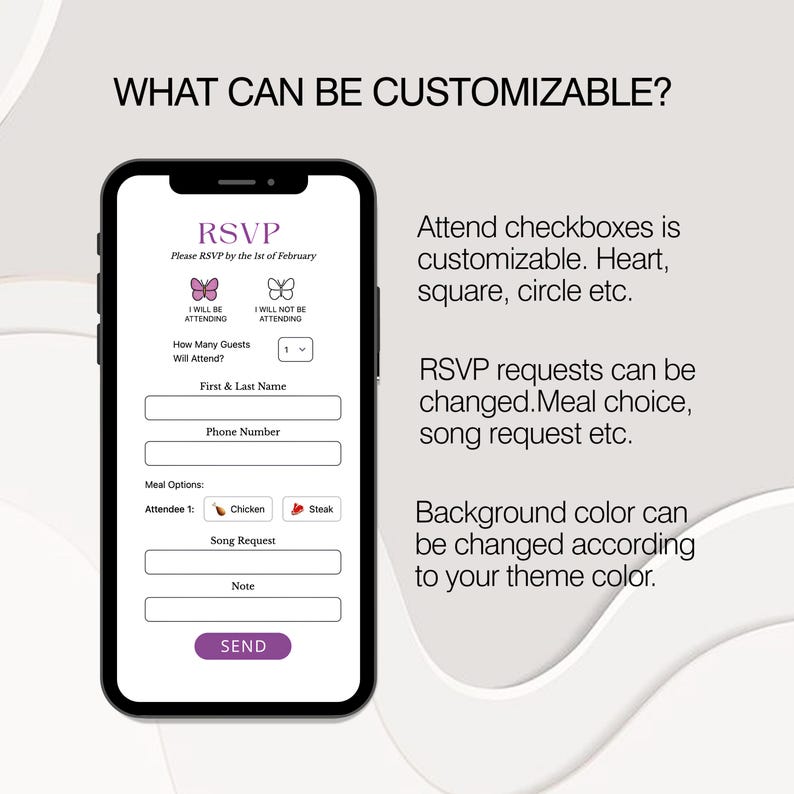 May include: A mobile phone screen displaying a customizable RSVP form with options for attending, meal choices, song requests, and a note section. The form has a pink and white color scheme with butterfly icons. The text on the screen reads "RSVP" and "Please RSVP by the 1st of February".