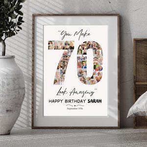 70th Birthday Photo Collage Template, Custom Milestone Birthday poster for Mom or Dad, Number 70 Picture Collage Gift for Grandma or Grandpa