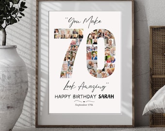 Puede incluir: Una impresión fotográfica enmarcada en blanco con un collage fotográfico en blanco y negro del número 70. El texto "You Make 70 Look Amazing" está escrito en letra cursiva negra. El texto "Happy Birthday Sarah" está escrito en letra cursiva negra. La fecha "September 17th" está escrita en negro.