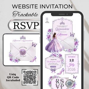 Puede incluir: Invitación digital de quinceañera en un teléfono inteligente y una tableta. El diseño presenta una combinación de colores púrpura y blanco con detalles florales y de mariposas. El texto incluye "Website Invitation", "RSVP" y "Arianna's Quinceañera". También se incluye un código QR.