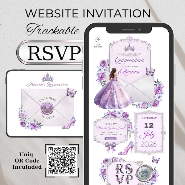 Lavendel Silber Quinceanera Einladung Website & Online Antwort auf die Frage mit animiertem Umschlag Design (Digital)