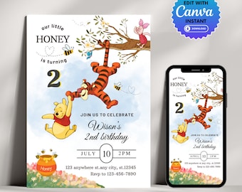 Editable Winnie the Pooh Birthday Invitation, Classic Pooh Bear Invitation, Winnie Pooh Birthday Party Invite for Any Age and Any Gender