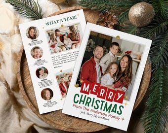 Jaaroverzicht kerstkaartsjabloon: familiefotocollagekaart (digitale download)