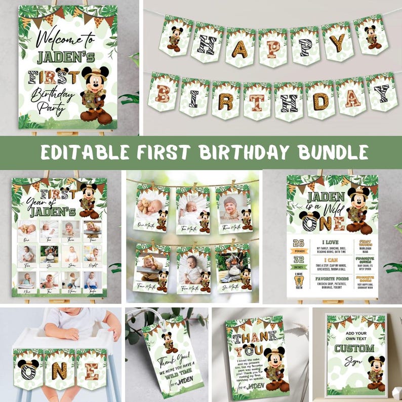 May include: Editable first birthday party printable bundle featuring a jungle theme with Mickey Mouse. Includes a welcome sign, photo banner, photo cards, a sign with milestones, a thank you tag, and a custom sign.
