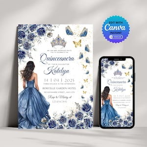 Royal Blue &Gold Floral Quinceanera Invitation, Butterfly Sweet 16 Invite, Navy Blue Template for Princess Quince Save the Date