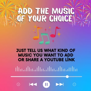Pu&ograve; includere: Grafica colorata con il testo &laquo;AGGIUNGI LA MUSICA CHE PREFERISCI&raquo;. Sotto, c'&egrave; scritto &laquo;DITECI CHE TIPO DI MUSICA VOLETE AGGIUNGERE O CONDIVIDETE UN LINK YOUTUBE&raquo;. L'immagine include note musicali e un'interfaccia del lettore musicale.