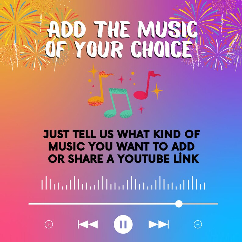 Pu&ograve; includere: Grafica colorata con il testo &laquo;AGGIUNGI LA MUSICA CHE PREFERISCI&raquo;. Sotto, c'&egrave; scritto &laquo;DITECI CHE TIPO DI MUSICA VOLETE AGGIUNGERE O CONDIVIDETE UN LINK YOUTUBE&raquo;. L'immagine include note musicali e un'interfaccia del lettore musicale.