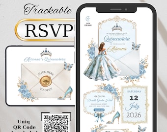 May include: Digital quinceañera invitation design displayed on a smartphone and tablet. The design features a watercolor illustration of a woman in a blue gown, butterflies, and floral accents. Text includes "Website Invitation", "RSVP", and event details.