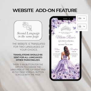 May include: A mobile phone screen displaying a Quinceañera invitation with a purple floral design. The invitation features the text "Maria Rose's Quinceañera" and details for the Mass and Reception. The phone screen also shows a dropdown menu with the options "EN" and "ES".