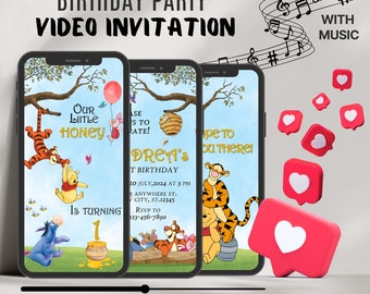 Classic Winnie the Pooh Birthday Video Invitation, Pooh First Birthday Animated Invitation, Pooh Party Invite for Any Age with Music
