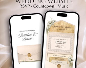 Ivory & Gold Wedding Website Invitation with RSVP, Countdown, Music : Editable Canva Template