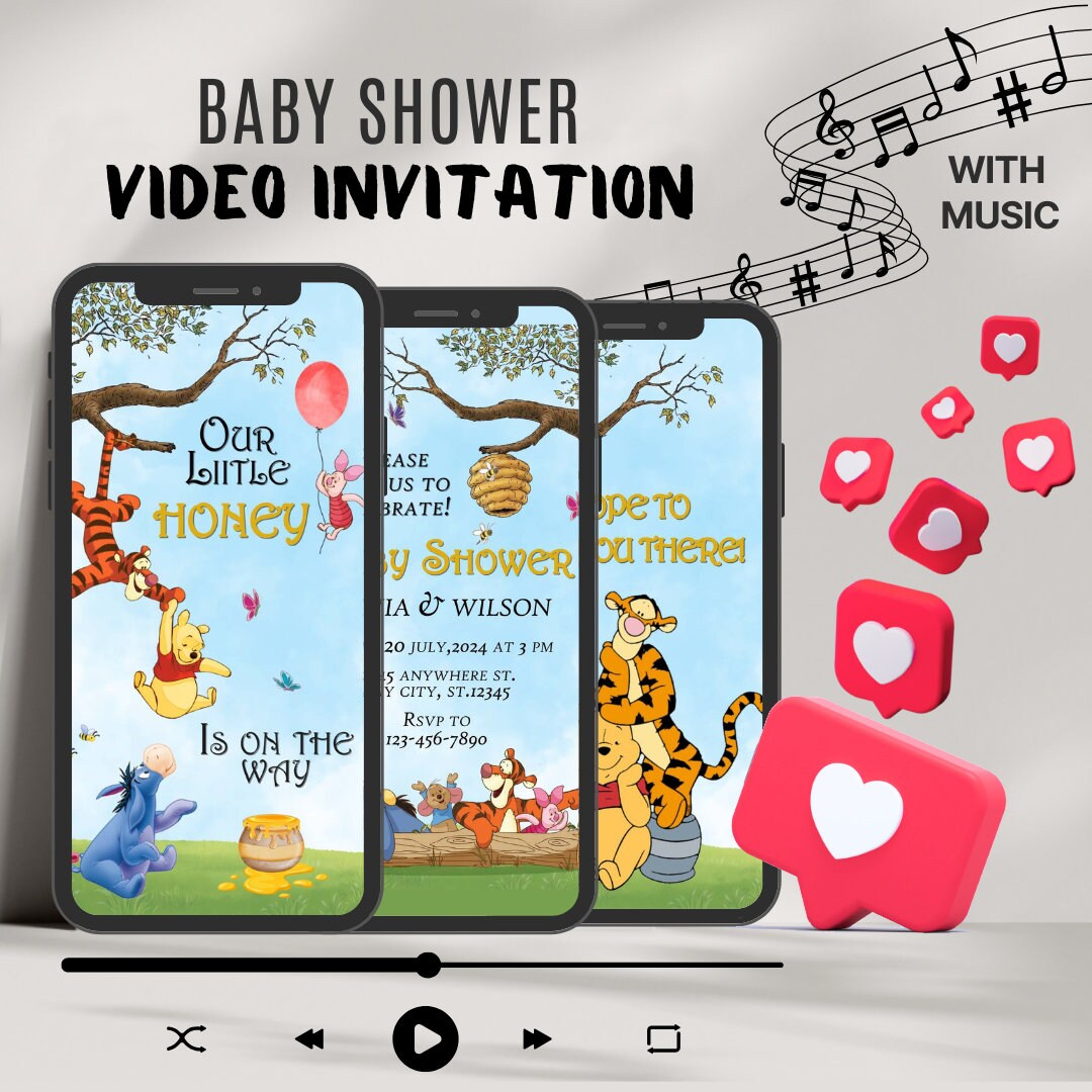 Winnie the Pooh Baby Shower Video Invitation, Classic Winnie Baby Shower Animated Invite, Winnie The Shower, Winnie Video Invite with Music