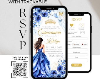 Royal Blue Floral Quinceanera Website Invitation: Online RSVP & QR Code (Digital)