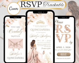May include: Three smartphones displaying a quinceañera invitation. The design features a woman in a pink gown, floral accents, and the text "RSVP Trackable." The invitation includes details like the date, time, and location.