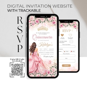 Rosa Quinceanera Website-Einladungsvorlage & Online-RSVP, Rosa Rosen-Prinzessinnen-Quince-Einladung, Gold-Tiara-Sweet 16-Einladung mit QR-Code