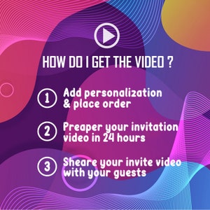 K&ouml;nnte beinhalten: Eine farbenfrohe Grafik mit einem Play-Button und dem Text "WIE ERHALTE ICH DAS VIDEO?" mit drei nummerierten Schritten: 1. Personalisierung hinzuf&uuml;gen und Bestellung aufgeben, 2. Ihr Einladungsvideo in 24 Stunden vorbereiten, 3. Ihr Einladungsvideo mit Ihren G&auml;sten teilen.