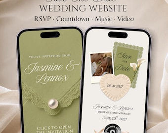 Sage Green & Ivory Pearl Save The Date Wedding Website Template with RSVP, Countdown, Music, Video