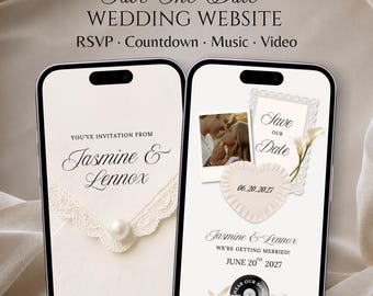 Ivory Lace Save the Date Wedding Website Template with RSVP, Countdown, Video & Music (Editable Template)