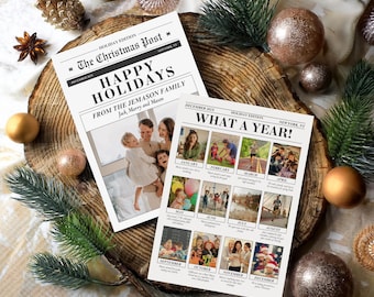 Plantilla de tarjeta navideña para boletín informativo: Resumen del año familiar (descarga digital)