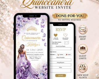 Lavender & Gold Quinceanera Invitation Website with Smart RSVP (Done for You Digital Invite)