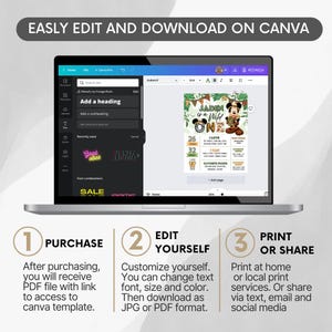 May include: A laptop screen displaying a Canva design template for a birthday party. The template features a jungle theme with a cartoon character wearing a safari hat. The text on the template reads "Jaden is a Wild One". The template also includes a list of facts about the birthday child, such as their age, favorite foods, and hobbies. The laptop screen is surrounded by three steps: Purchase, Edit Yourself, and Print or Share.