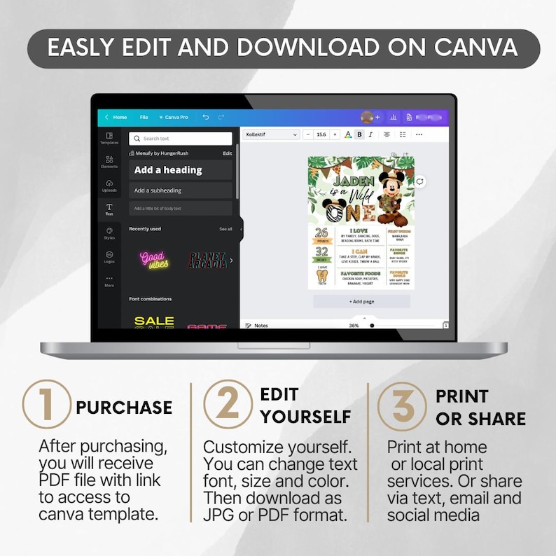 May include: A laptop screen displaying a Canva design template for a birthday party. The template features a jungle theme with a cartoon character wearing a safari hat. The text on the template reads "Jaden is a Wild One". The template also includes a list of facts about the birthday child, such as their age, favorite foods, and hobbies. The laptop screen is surrounded by three steps: Purchase, Edit Yourself, and Print or Share.
