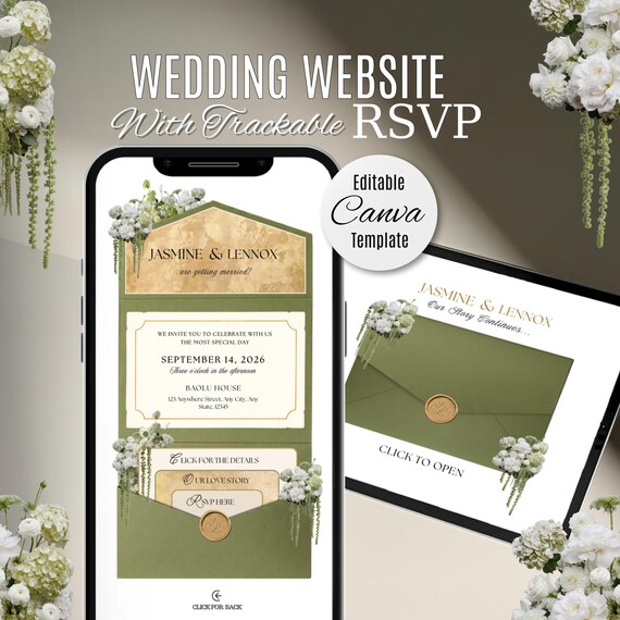 Sage Green & Gold Floral Wedding Website Invitation with RSVP: Editable Canva Template