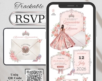 Pode incluir: Convite digital para uma Quinceañera, exibido em um smartphone e tablet. O design apresenta um esquema de cores rosa e branco com detalhes florais e borboletas. O texto inclui "Website Invitation", "RSVP" e detalhes do evento.