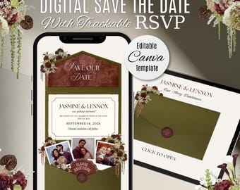Olive Green & Burgundy Floral Wedding Save The Date Website with RSVP: Editable Canva Template