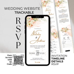 May include: A wedding invitation with a floral design in shades of peach and green. The invitation features the names "Natalia & Andrew" in gold script font. The text includes the date, time, and location of the wedding ceremony. The invitation also includes a QR code for easy access to the wedding website.